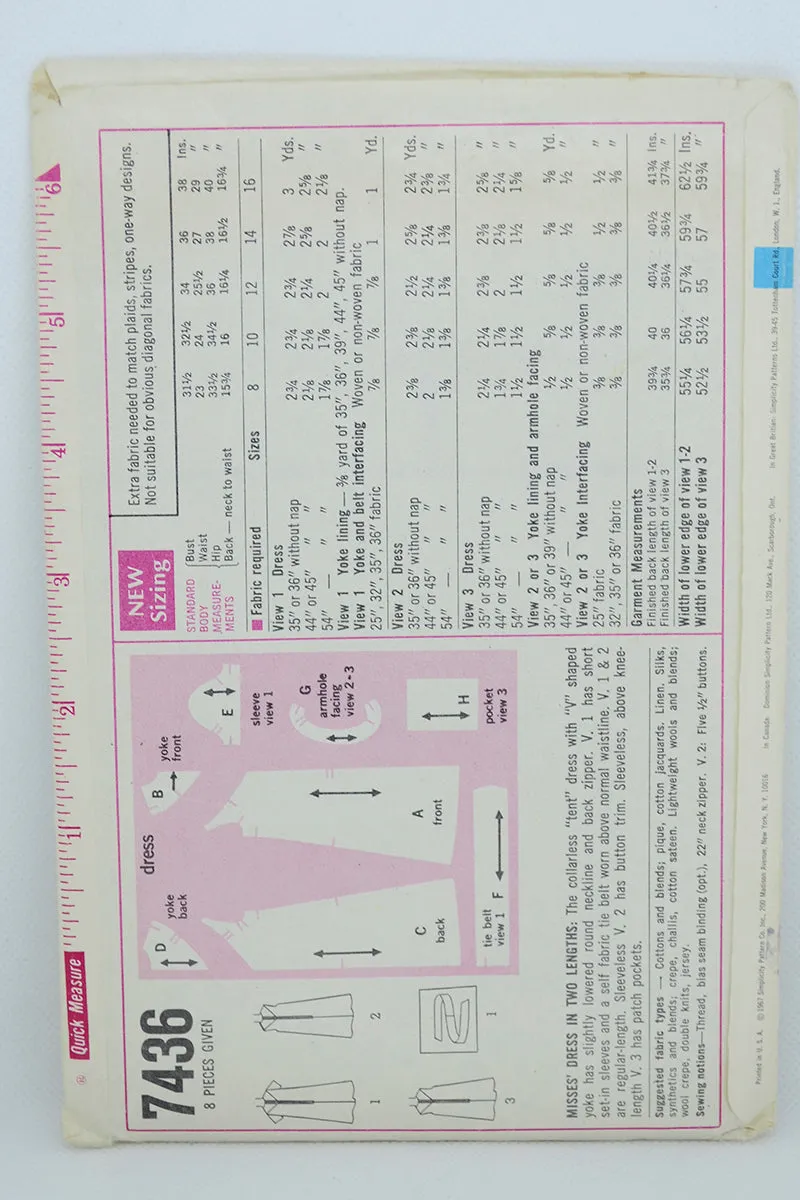 1967 Simplicity 7436 Vintage Tent Dress Sewing Pattern