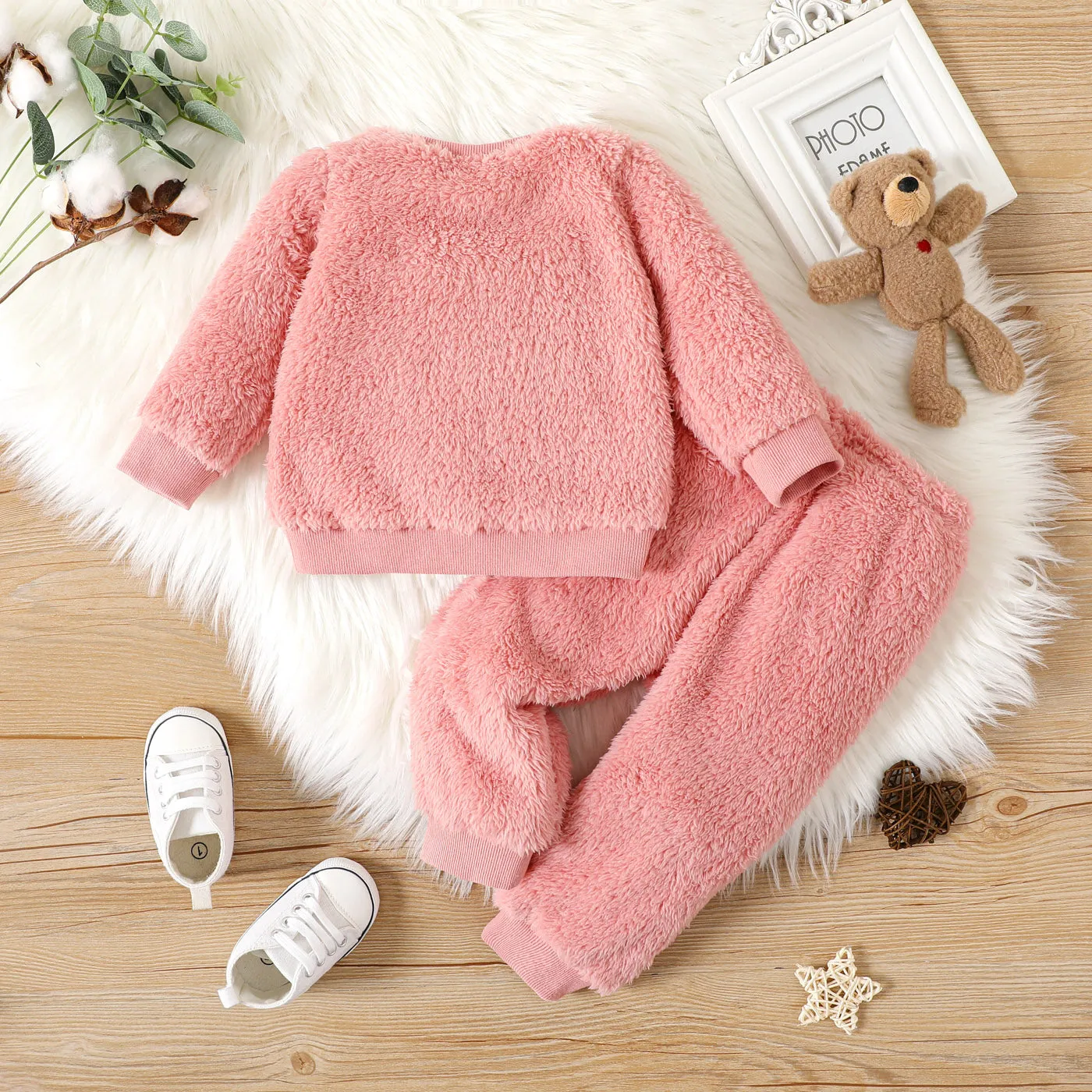 2pcs Baby Boy/Girl Thermal Fuzzy Long-sleeve Pullover and Pants Set