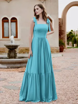 A-Line Bow Ruffle Sleeveless Chiffon Dress Pool Plus Size