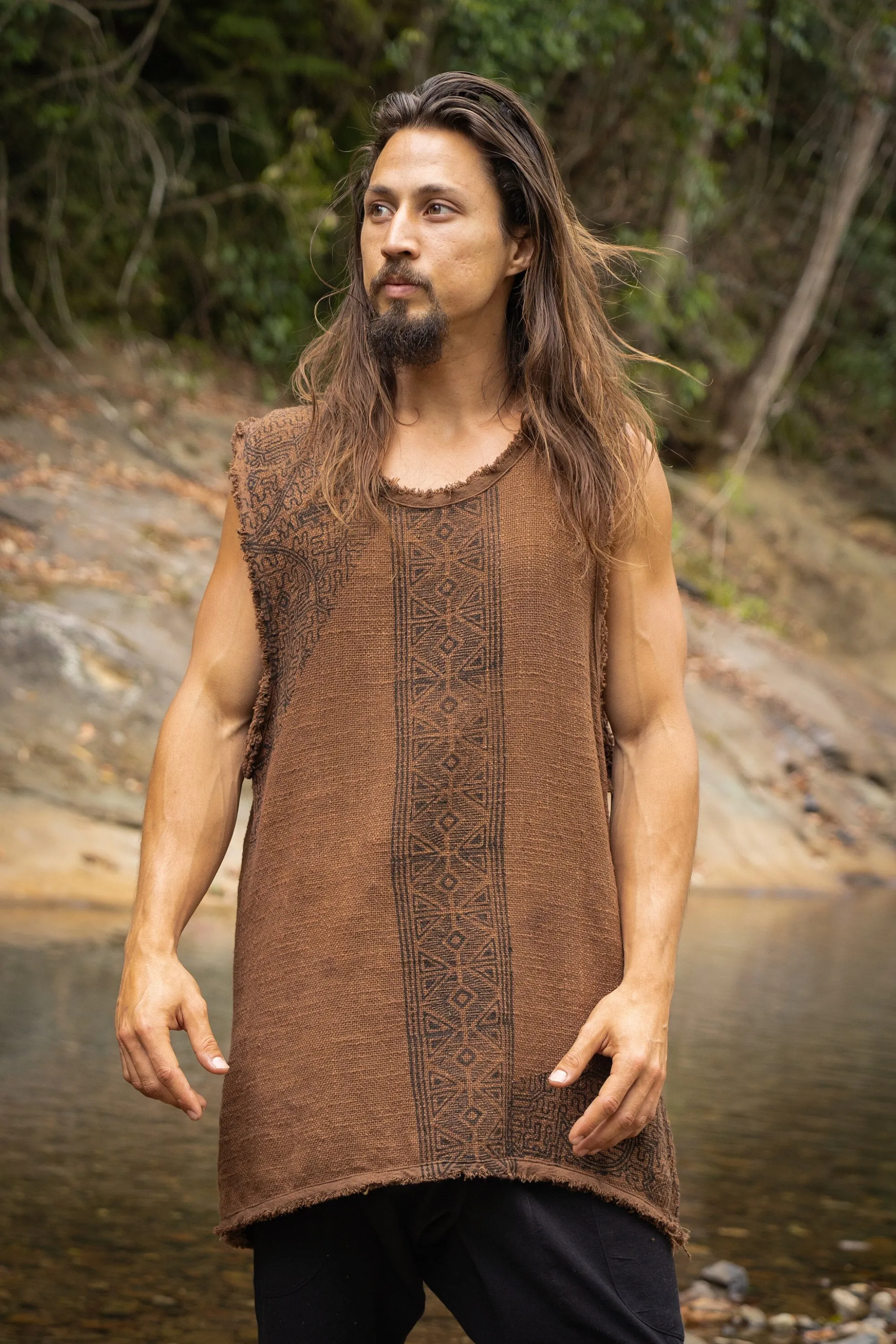 AKAU Mens Beige Tank Top Sleeveless Shirt Shipibo Block Printed Handmade Natural Muscle Cotton Shaman Tribal Festival Ceremony Ritual AJJAYA