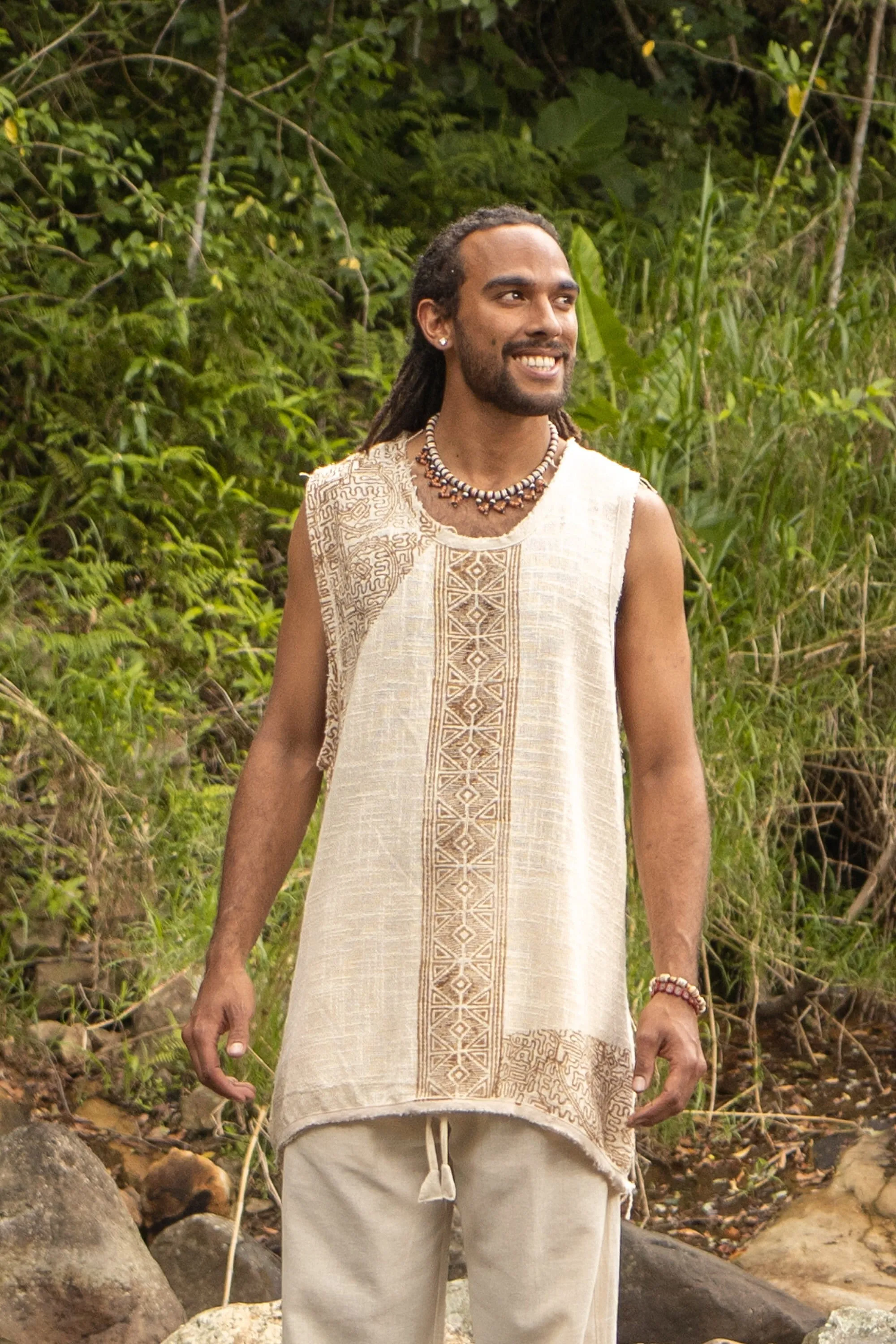 AKAU Mens Beige Tank Top Sleeveless Shirt Shipibo Block Printed Handmade Natural Muscle Cotton Shaman Tribal Festival Ceremony Ritual AJJAYA