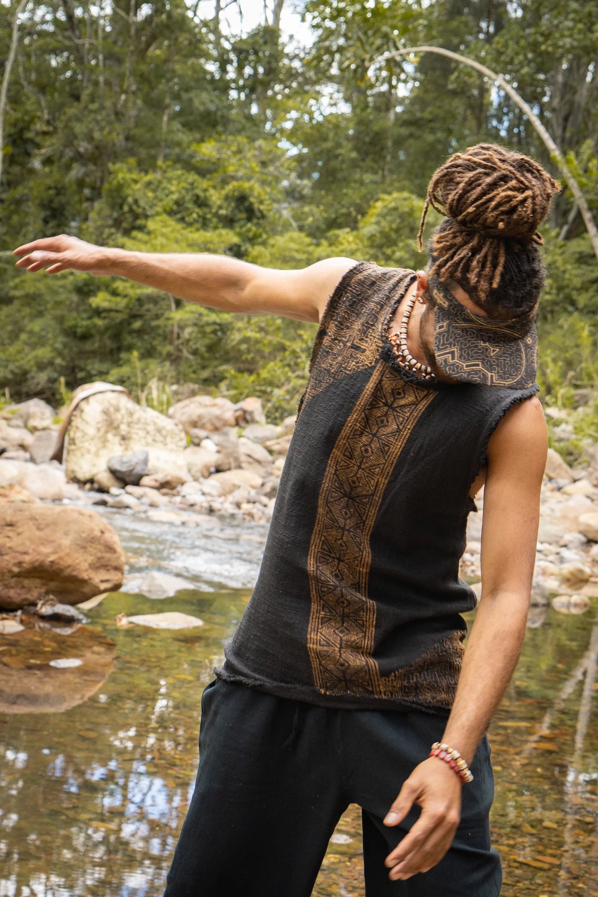 AKAU Mens Beige Tank Top Sleeveless Shirt Shipibo Block Printed Handmade Natural Muscle Cotton Shaman Tribal Festival Ceremony Ritual AJJAYA