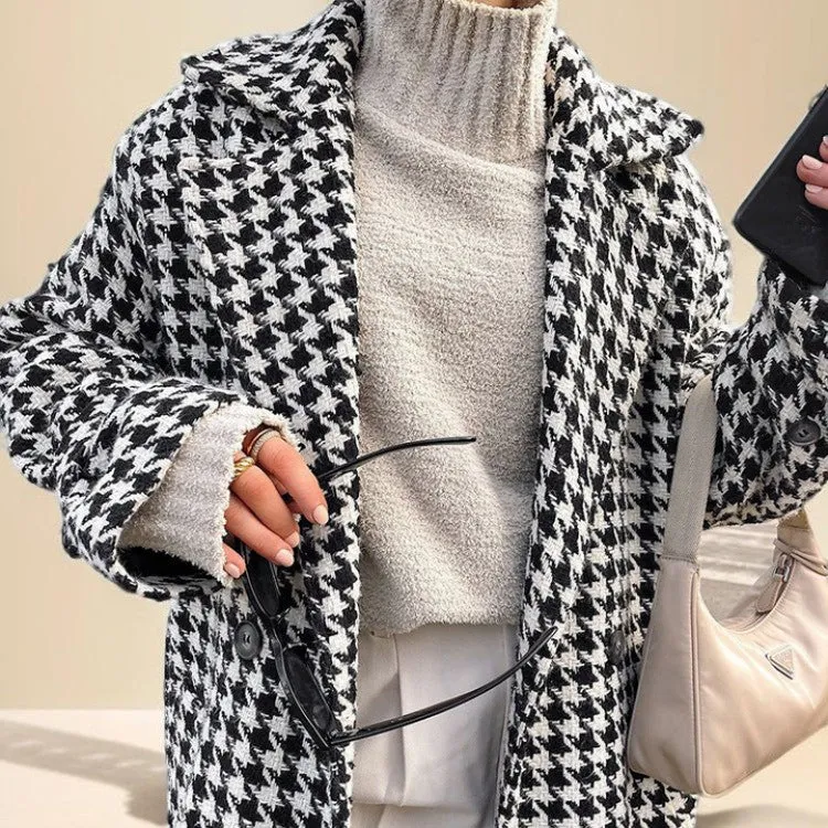 Black and White Houndstooth Long Coat