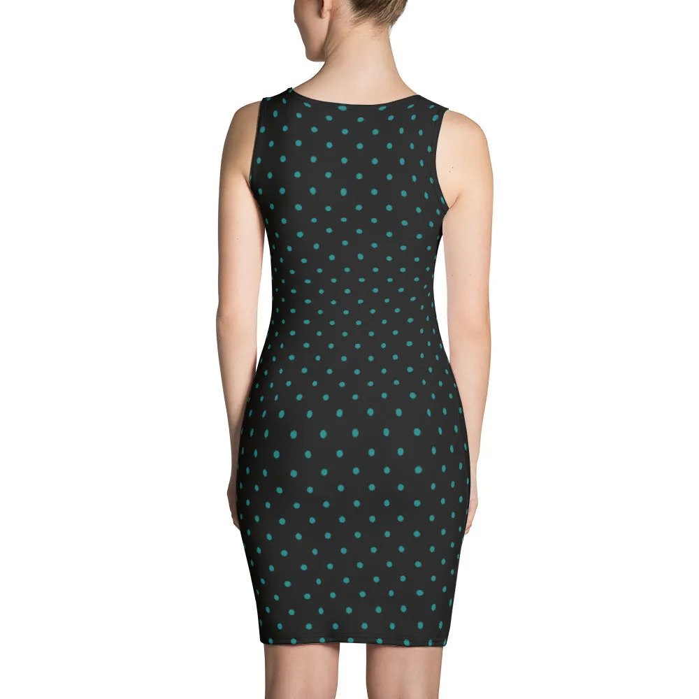 Black Teal Blue Dress, Classic Polka Dots Women's Sleeveless Crewneck Dress-Made in USA/EU