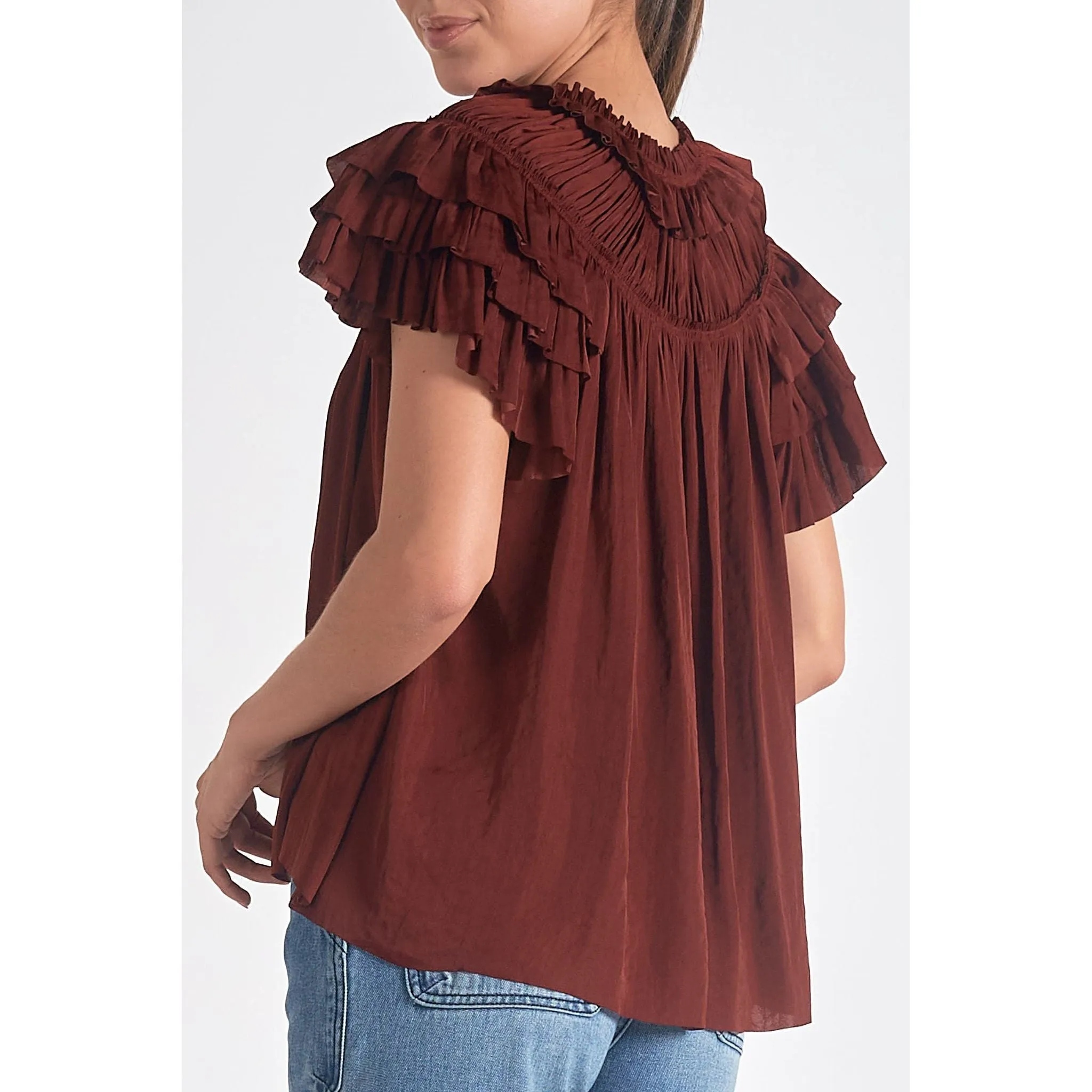 Brick Red Ruffle Sleeve Top