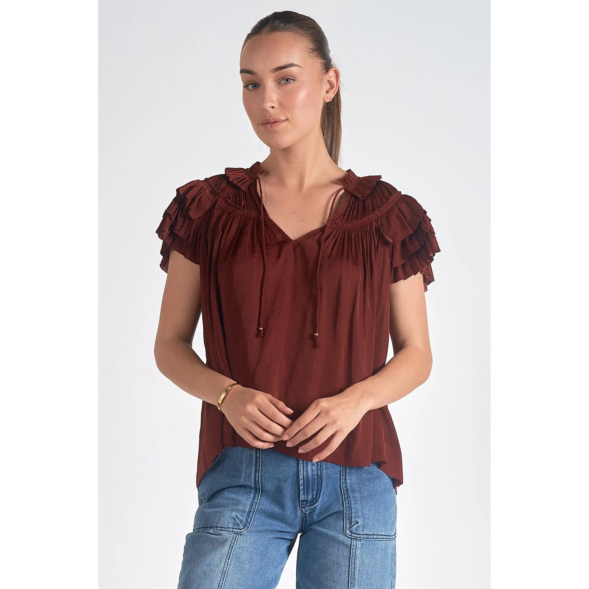 Brick Red Ruffle Sleeve Top