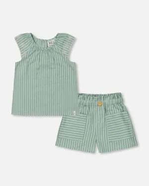 Chambray Blouse And Short Set Mint Green Striped