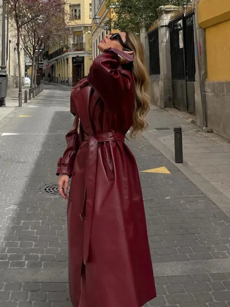 Chic large leather red burgundy trench coat long coat autumn coat