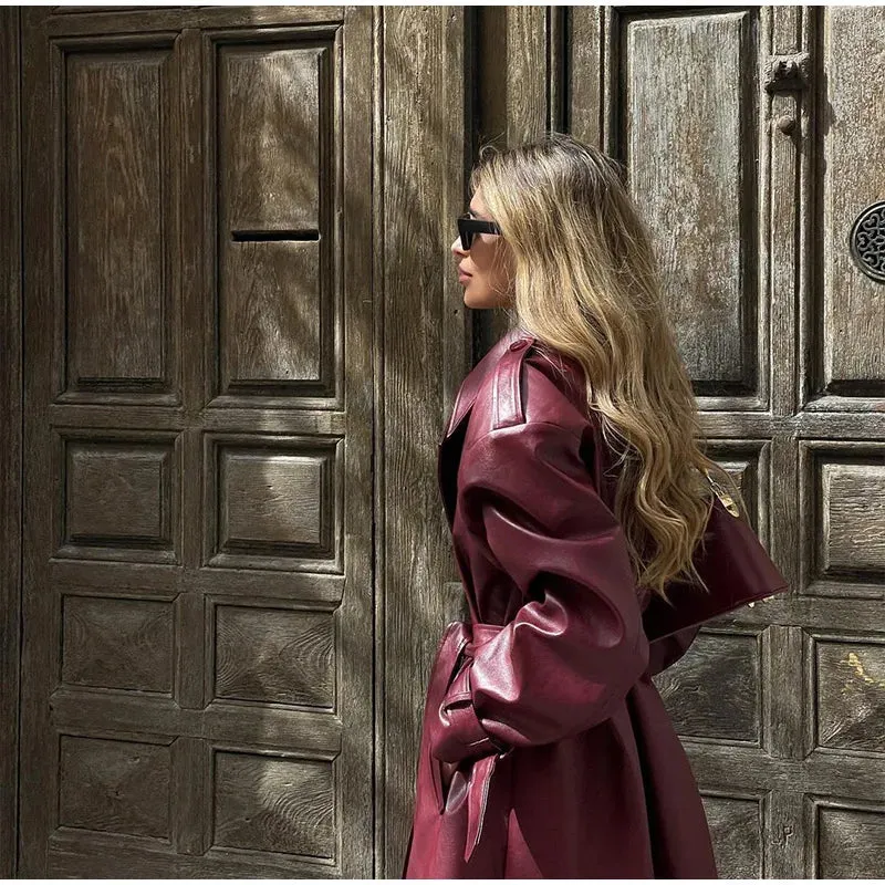 Chic large leather red burgundy trench coat long coat autumn coat