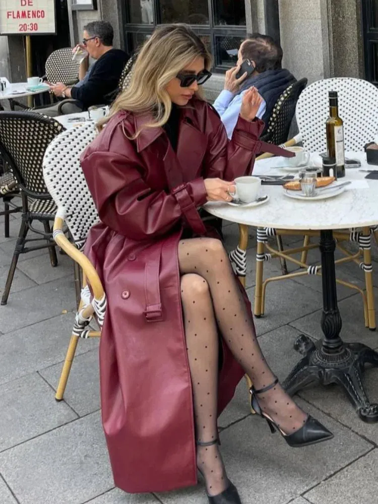 Chic large leather red burgundy trench coat long coat autumn coat