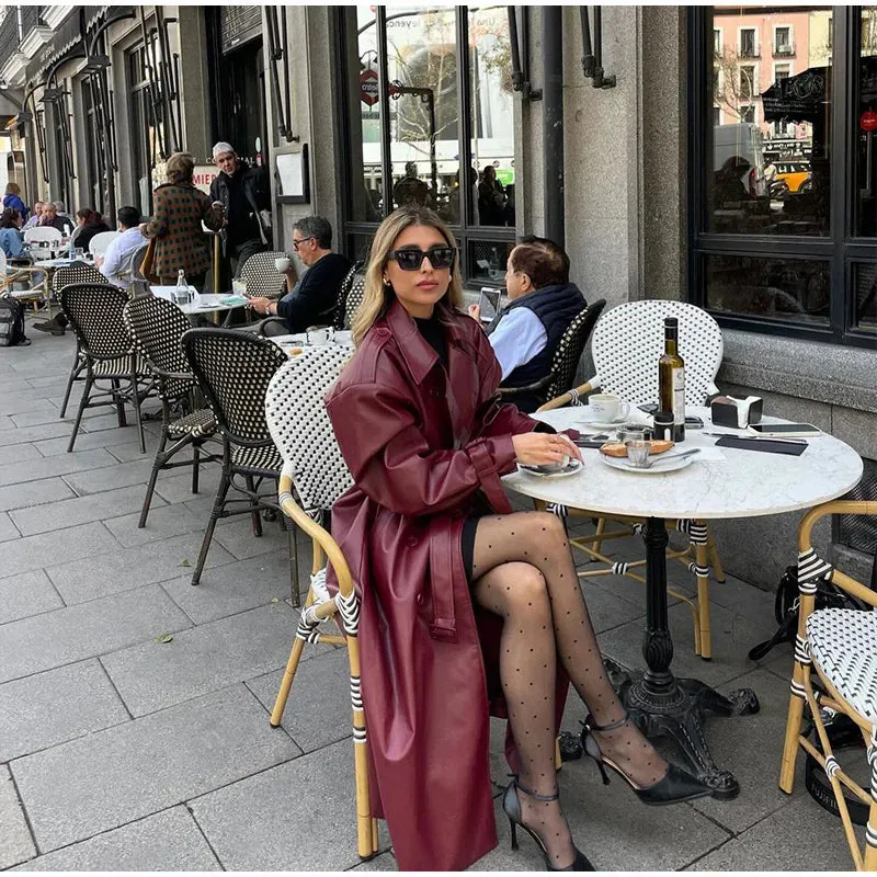 Chic large leather red burgundy trench coat long coat autumn coat