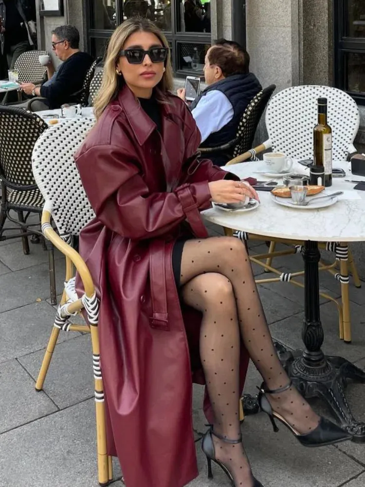 Chic large leather red burgundy trench coat long coat autumn coat