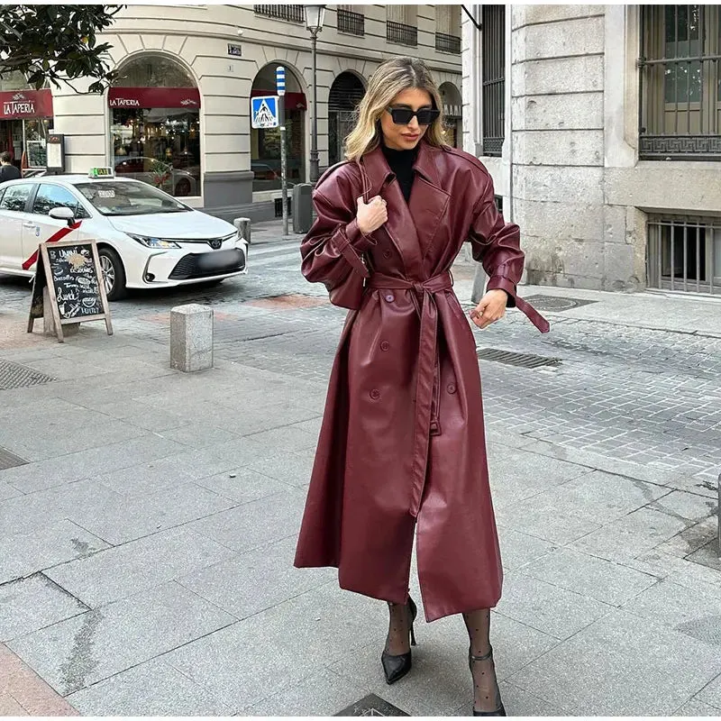 Chic large leather red burgundy trench coat long coat autumn coat