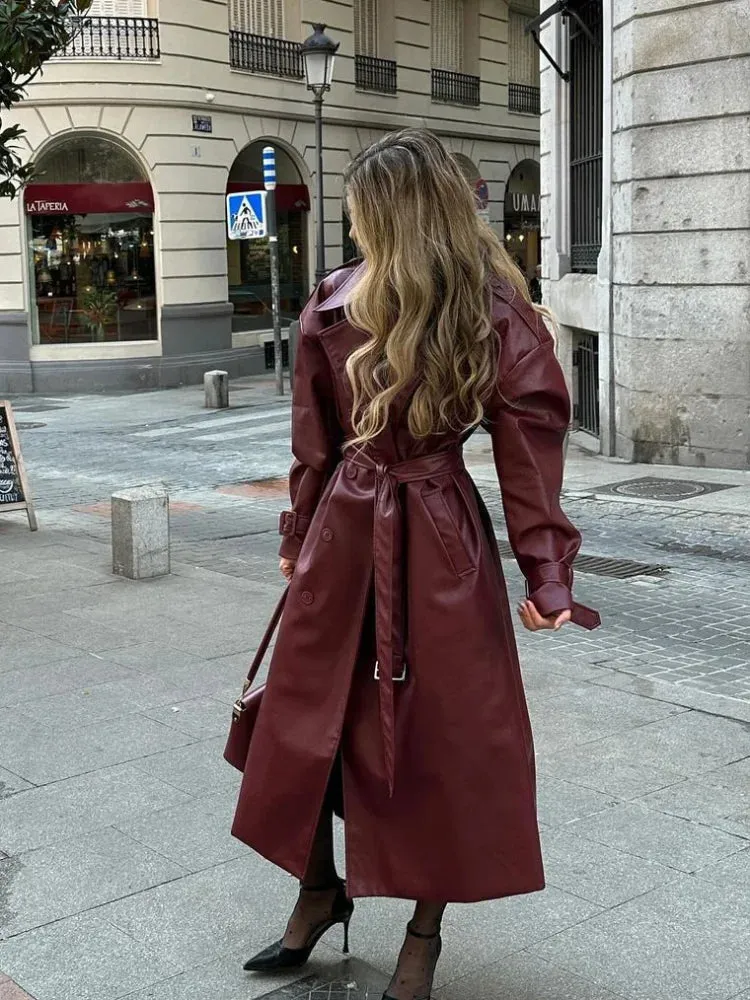 Chic large leather red burgundy trench coat long coat autumn coat