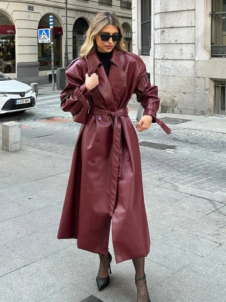 Chic large leather red burgundy trench coat long coat autumn coat