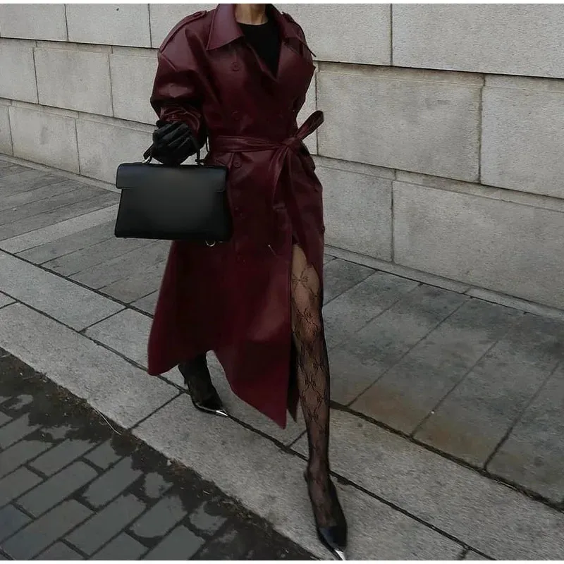 Chic large leather red burgundy trench coat long coat autumn coat