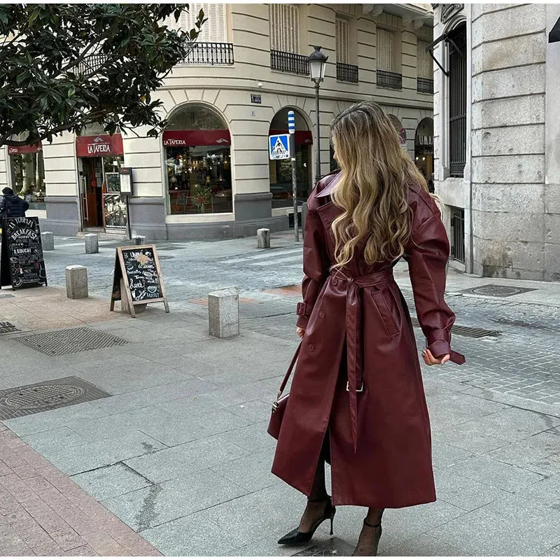 Chic large leather red burgundy trench coat long coat autumn coat