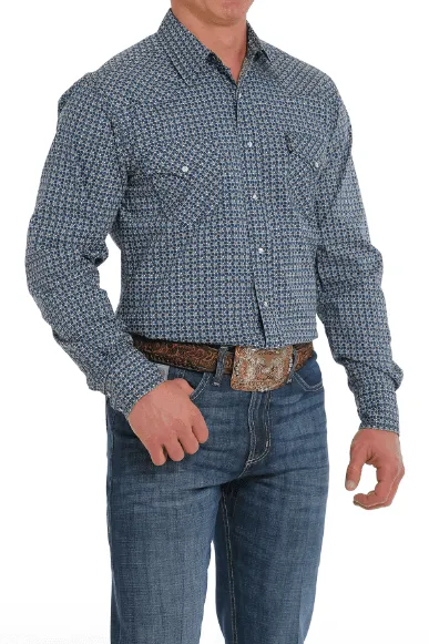 Cinch Men's Blue Geo Print Snap Long Sleeve Western Shirt MTW1303064