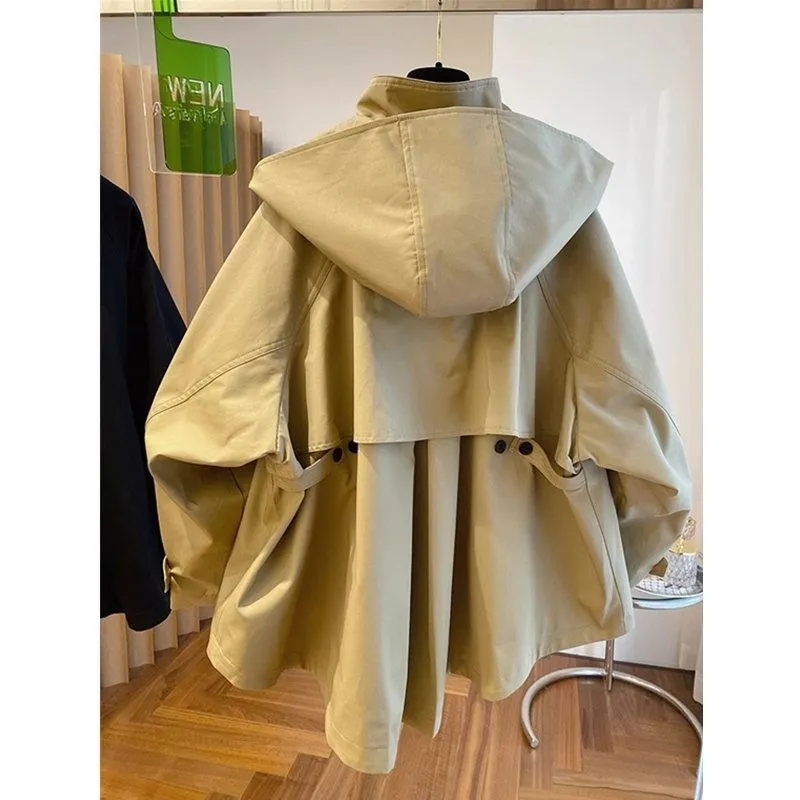 Cloak style loose fitting casual hooded trench coat for women