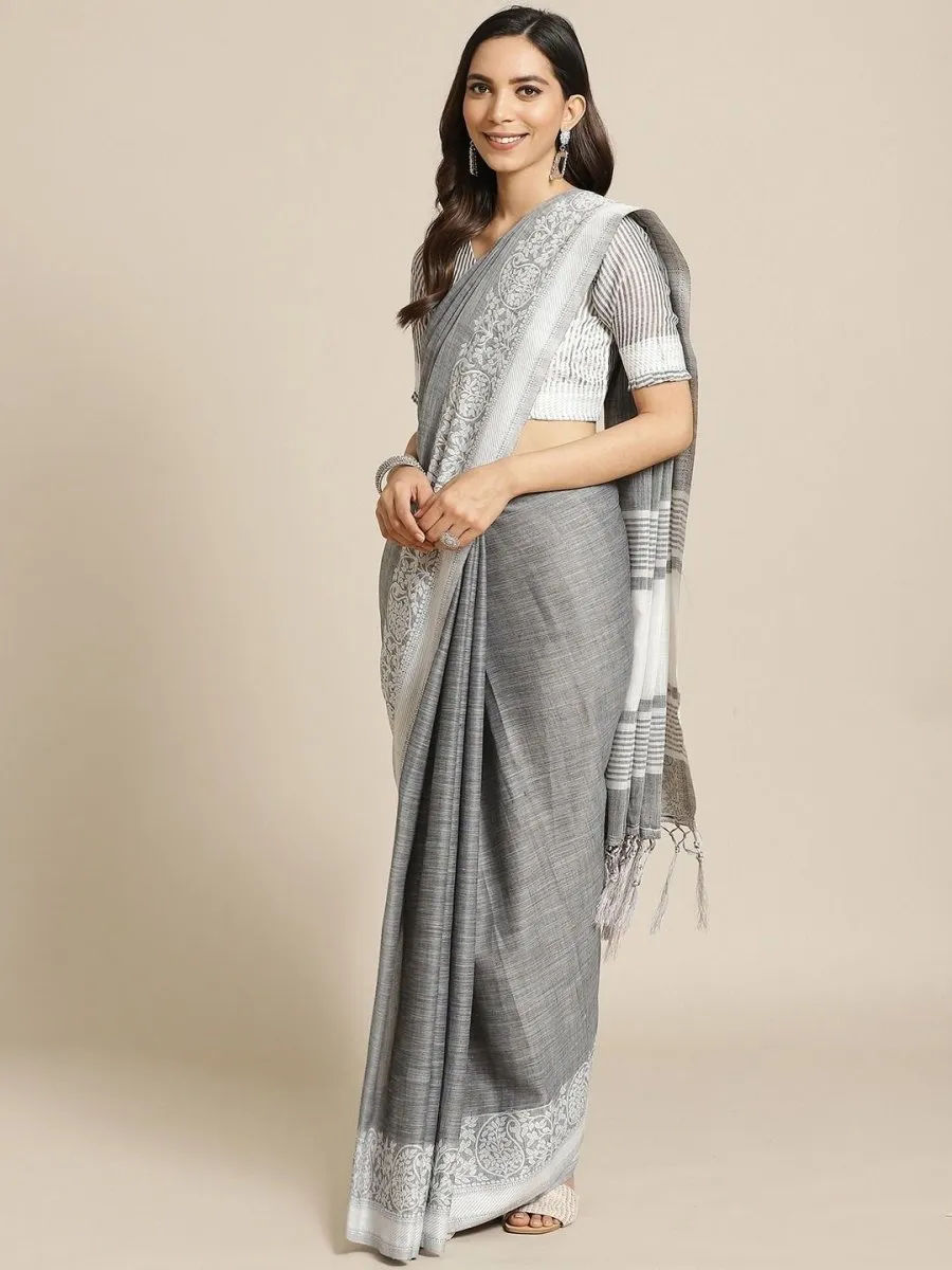 Cotton Blend Grey Traditional Saree