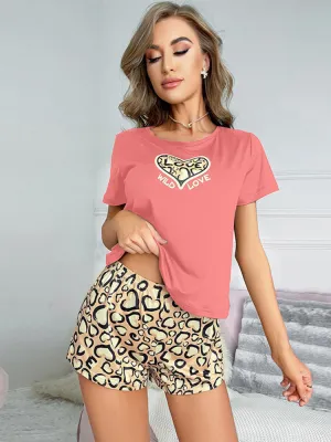 Cute Leopard Heart Casual Pajama Set