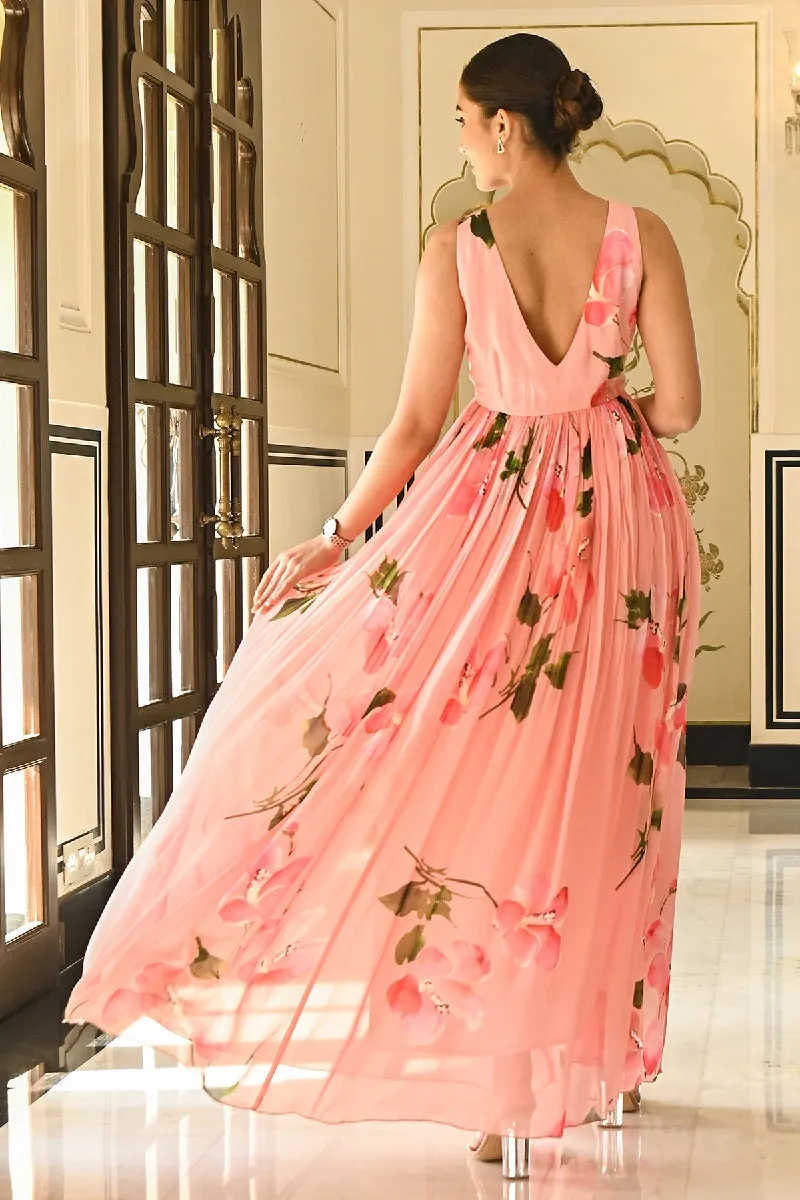 Drupe Printed Pink Sleeveless Long Dress