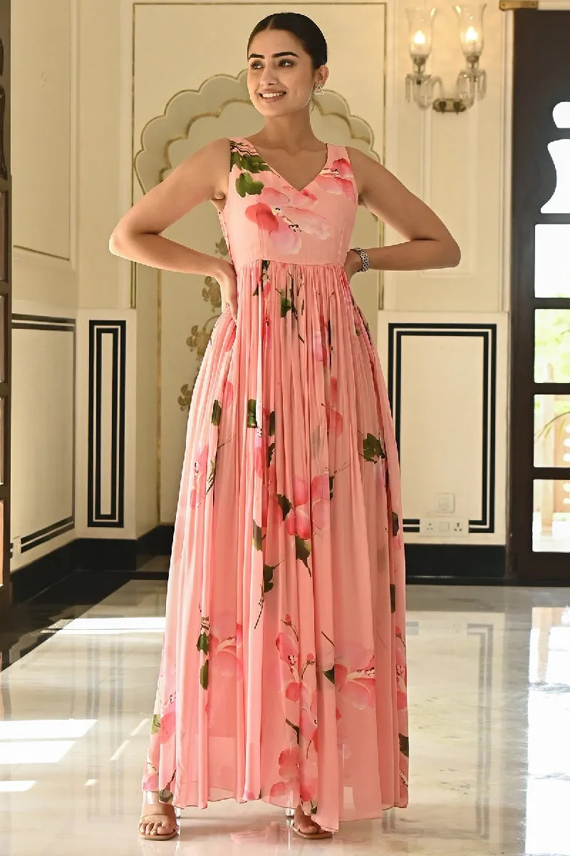 Drupe Printed Pink Sleeveless Long Dress