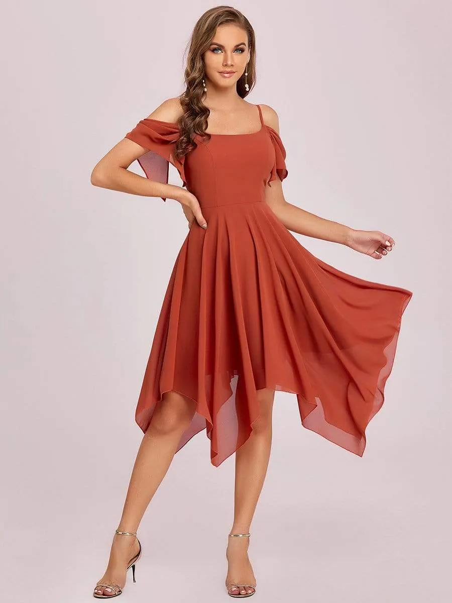 Elegant Cold Shoulder Ruffle Sleeve Irregular Hem Bridesmaid Dress