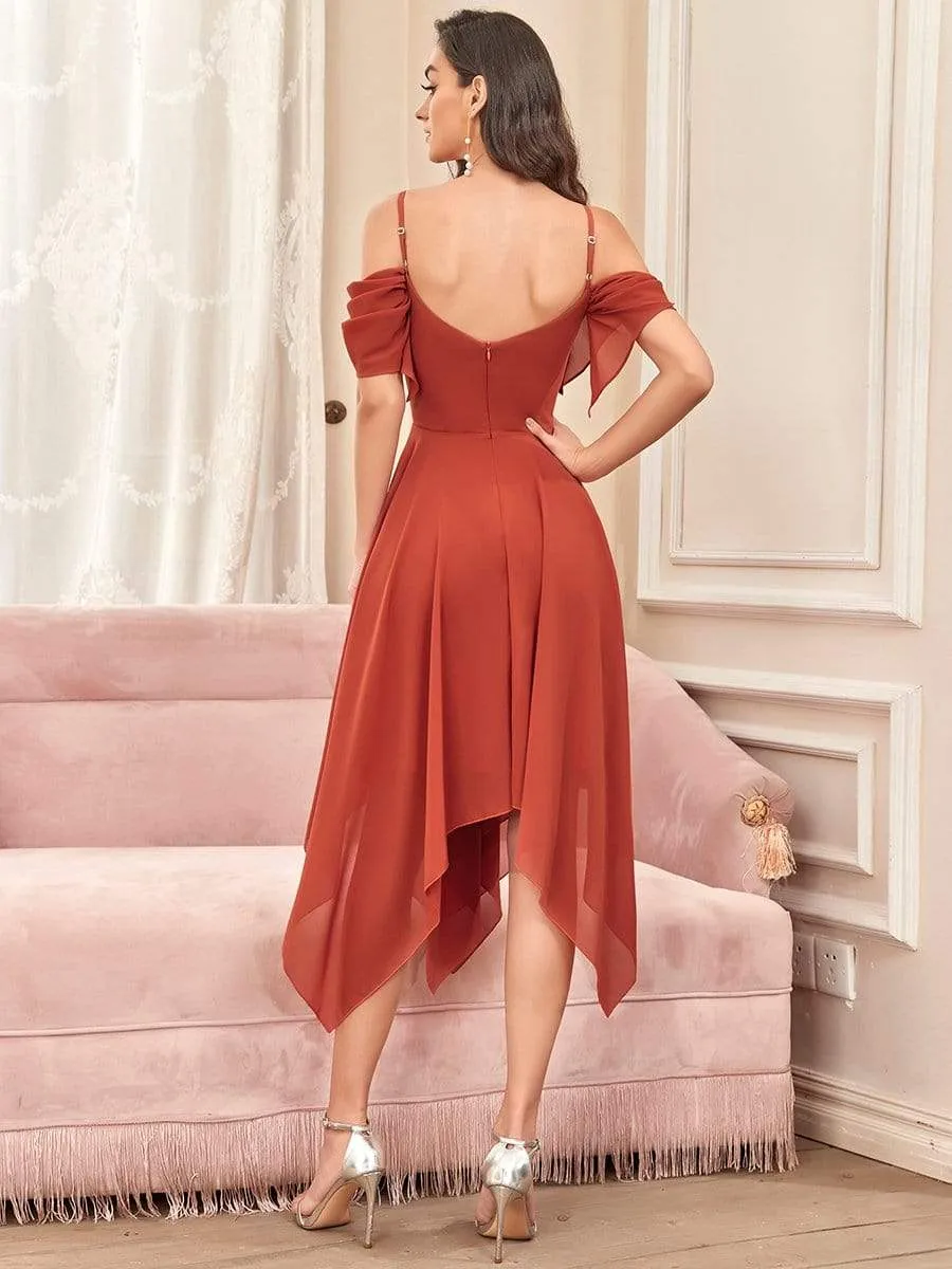 Elegant Cold Shoulder Ruffle Sleeve Irregular Hem Bridesmaid Dress