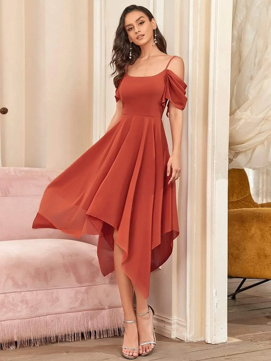 Elegant Cold Shoulder Ruffle Sleeve Irregular Hem Bridesmaid Dress