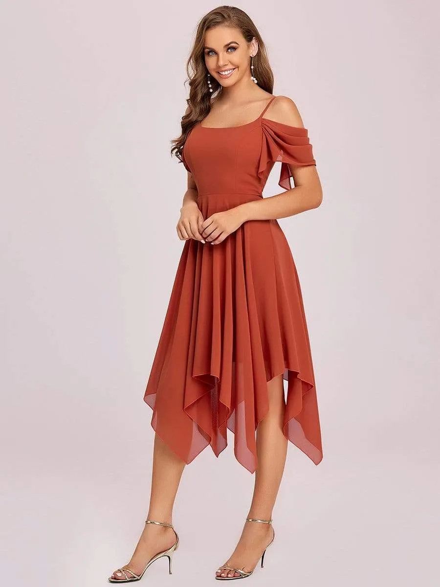 Elegant Cold Shoulder Ruffle Sleeve Irregular Hem Bridesmaid Dress