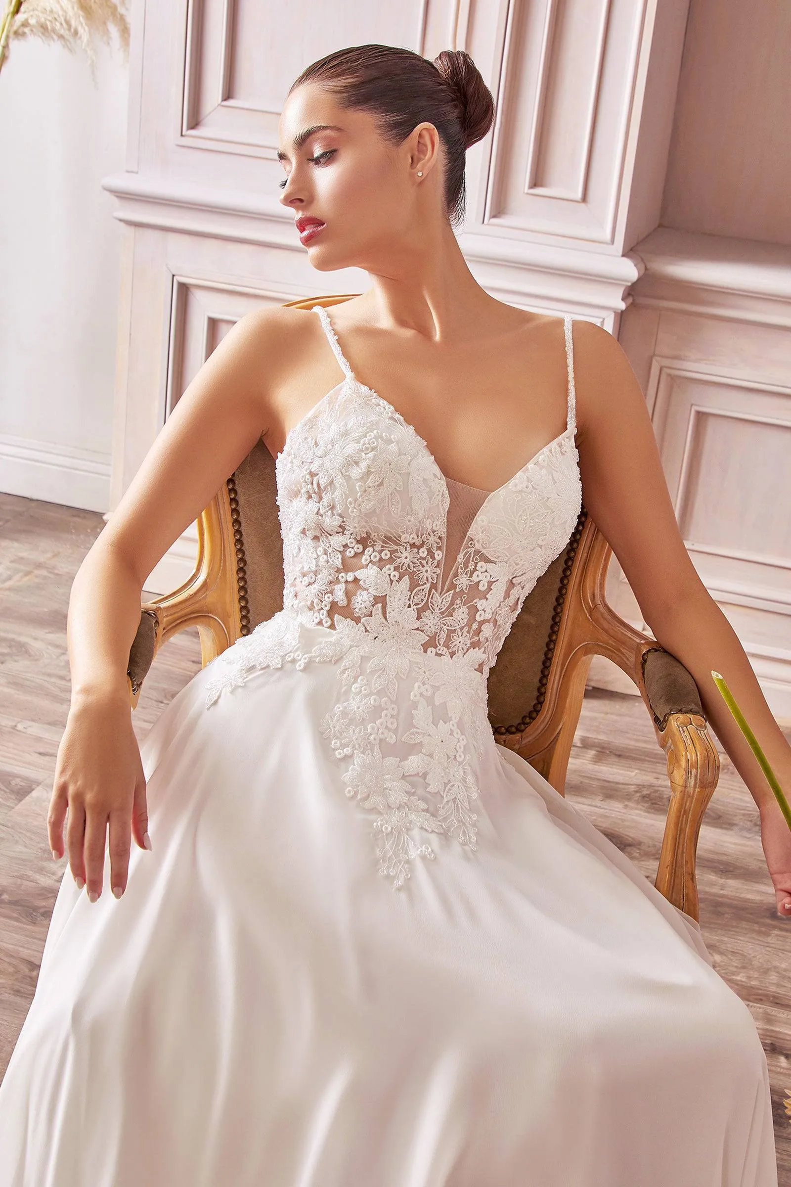 Elegant Wedding Gown with Sheer Bodice and Long Flowy Skirt #CDTY11