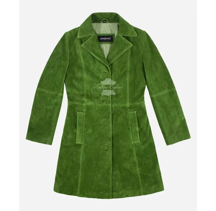 ELEGANT Women's Trench Coat Classic Suede Leather 3/4 Coat Lime Green