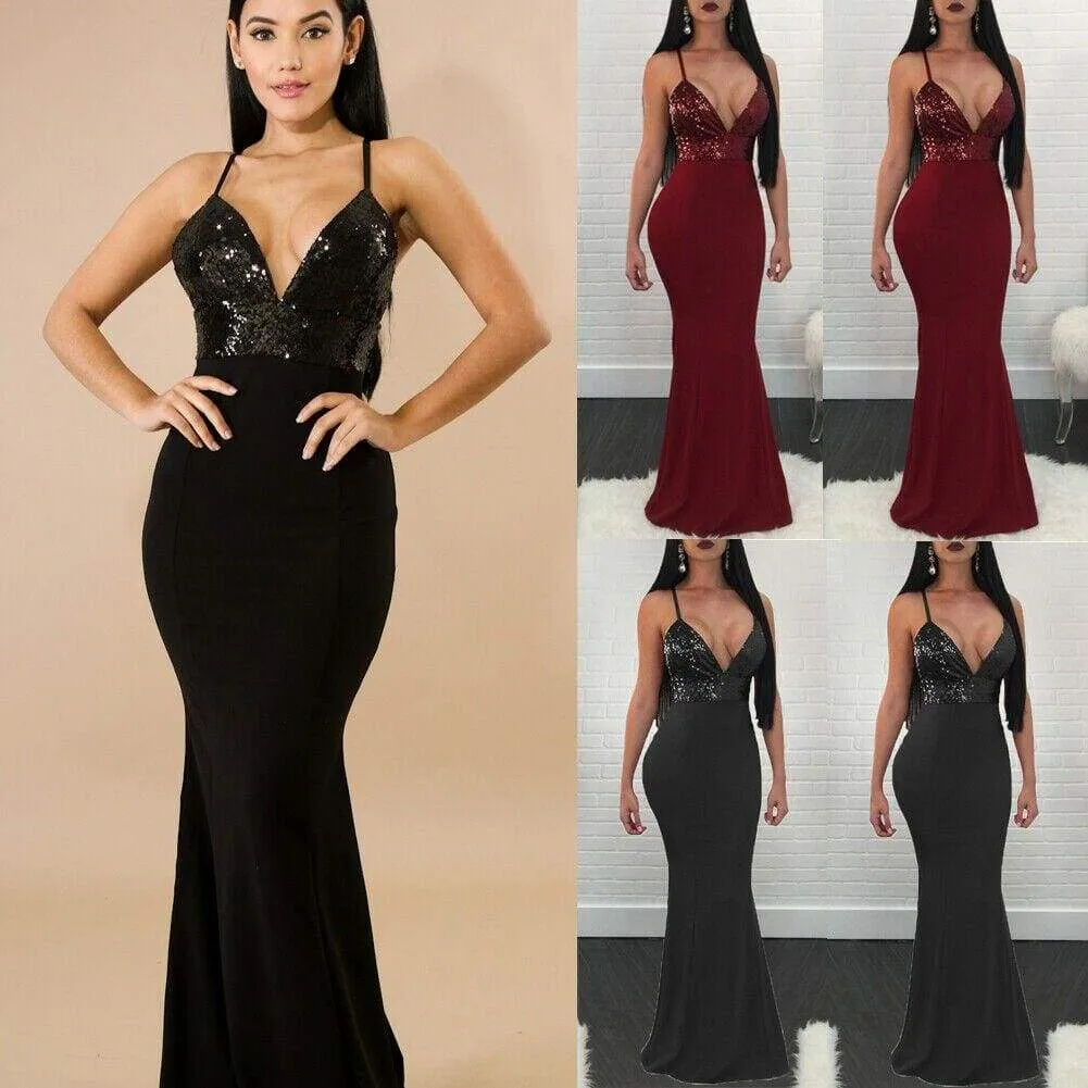 FashionSierra - New Women Formal Prom Long Sequin Dress V-Neck Sleeveless Bodycon SunDress Party Cocktail Long Slim Dress