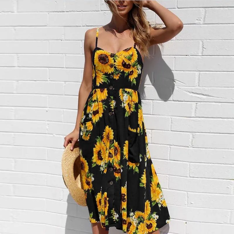 FashionSierra - Sunflower Printing Button Up A Line Off Shoulder Sleeveless Dress