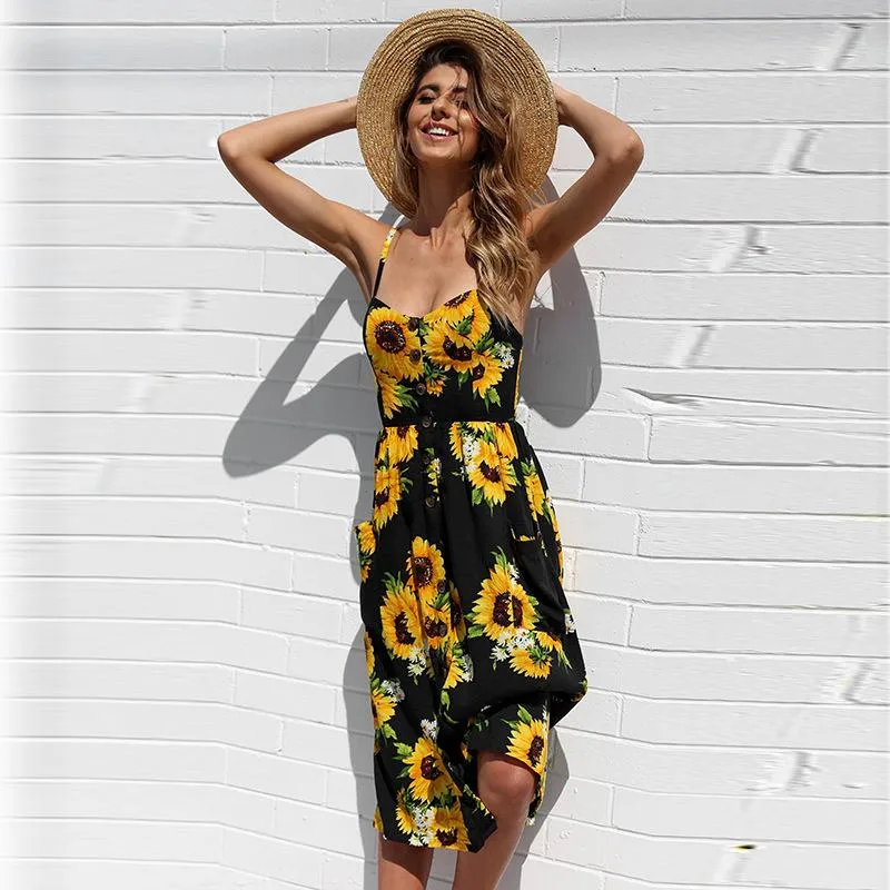 FashionSierra - Sunflower Printing Button Up A Line Off Shoulder Sleeveless Dress