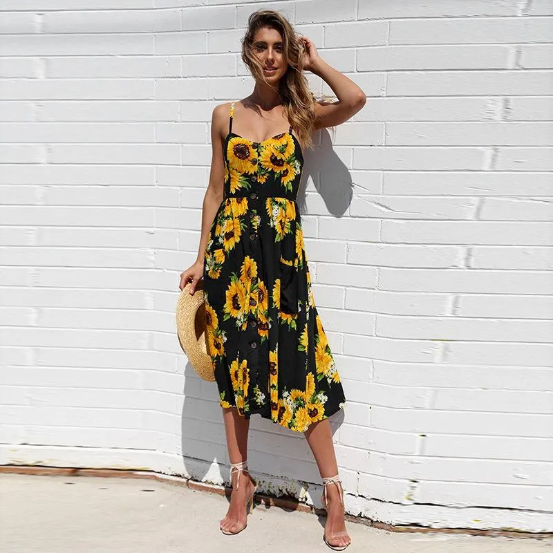 FashionSierra - Sunflower Printing Button Up A Line Off Shoulder Sleeveless Dress