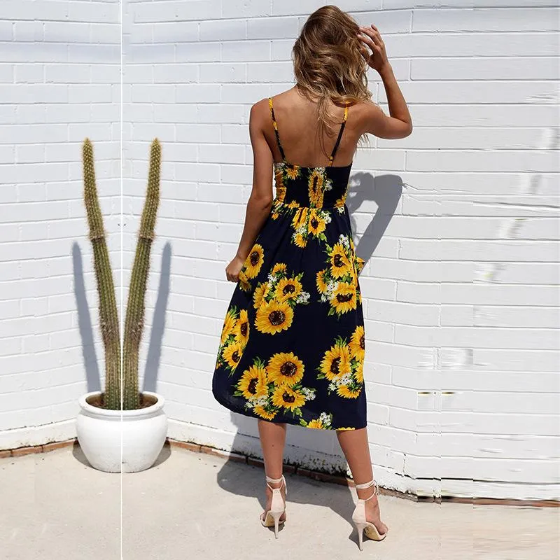 FashionSierra - Sunflower Printing Button Up A Line Off Shoulder Sleeveless Dress