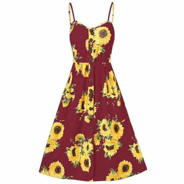 FashionSierra - Sunflower Printing Button Up A Line Off Shoulder Sleeveless Dress