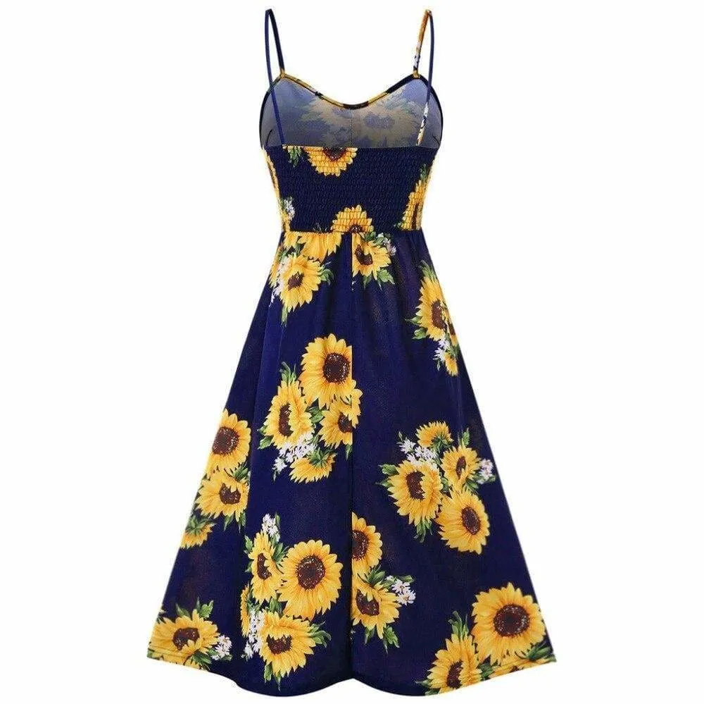 FashionSierra - Sunflower Printing Button Up A Line Off Shoulder Sleeveless Dress