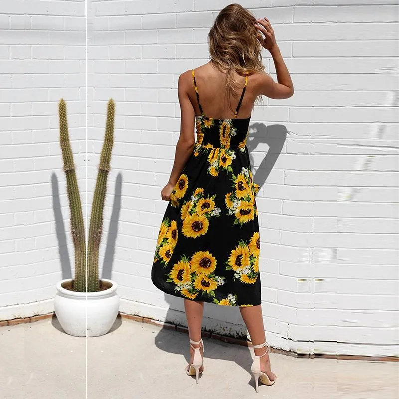 FashionSierra - Sunflower Printing Button Up A Line Off Shoulder Sleeveless Dress