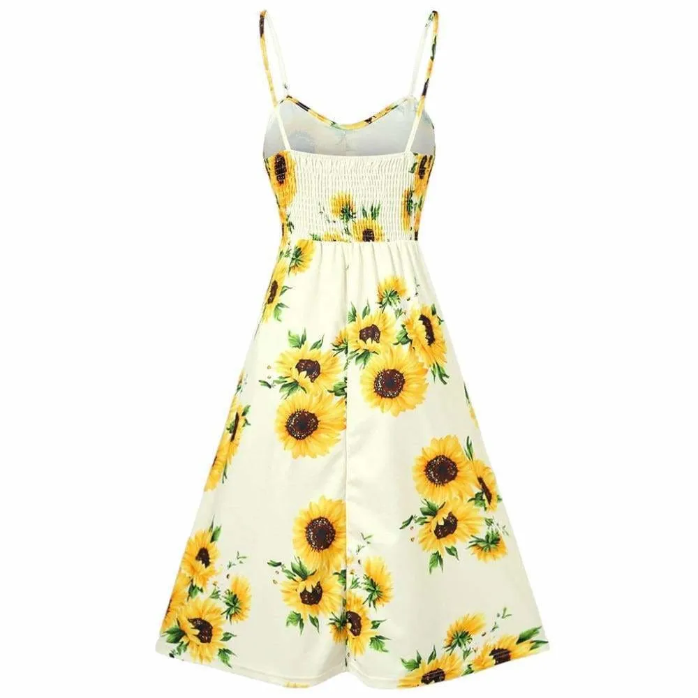 FashionSierra - Sunflower Printing Button Up A Line Off Shoulder Sleeveless Dress