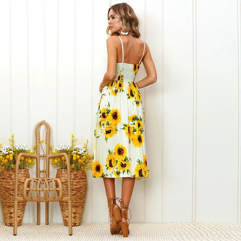 FashionSierra - Sunflower Printing Button Up A Line Off Shoulder Sleeveless Dress