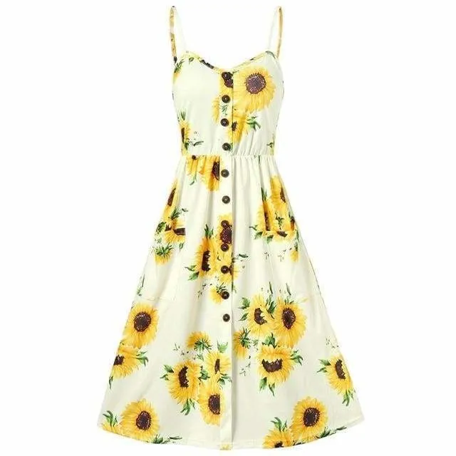 FashionSierra - Sunflower Printing Button Up A Line Off Shoulder Sleeveless Dress