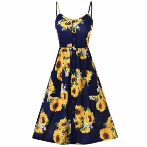 FashionSierra - Sunflower Printing Button Up A Line Off Shoulder Sleeveless Dress