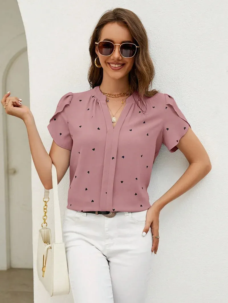 Heart Print Short Sleeve Blouse