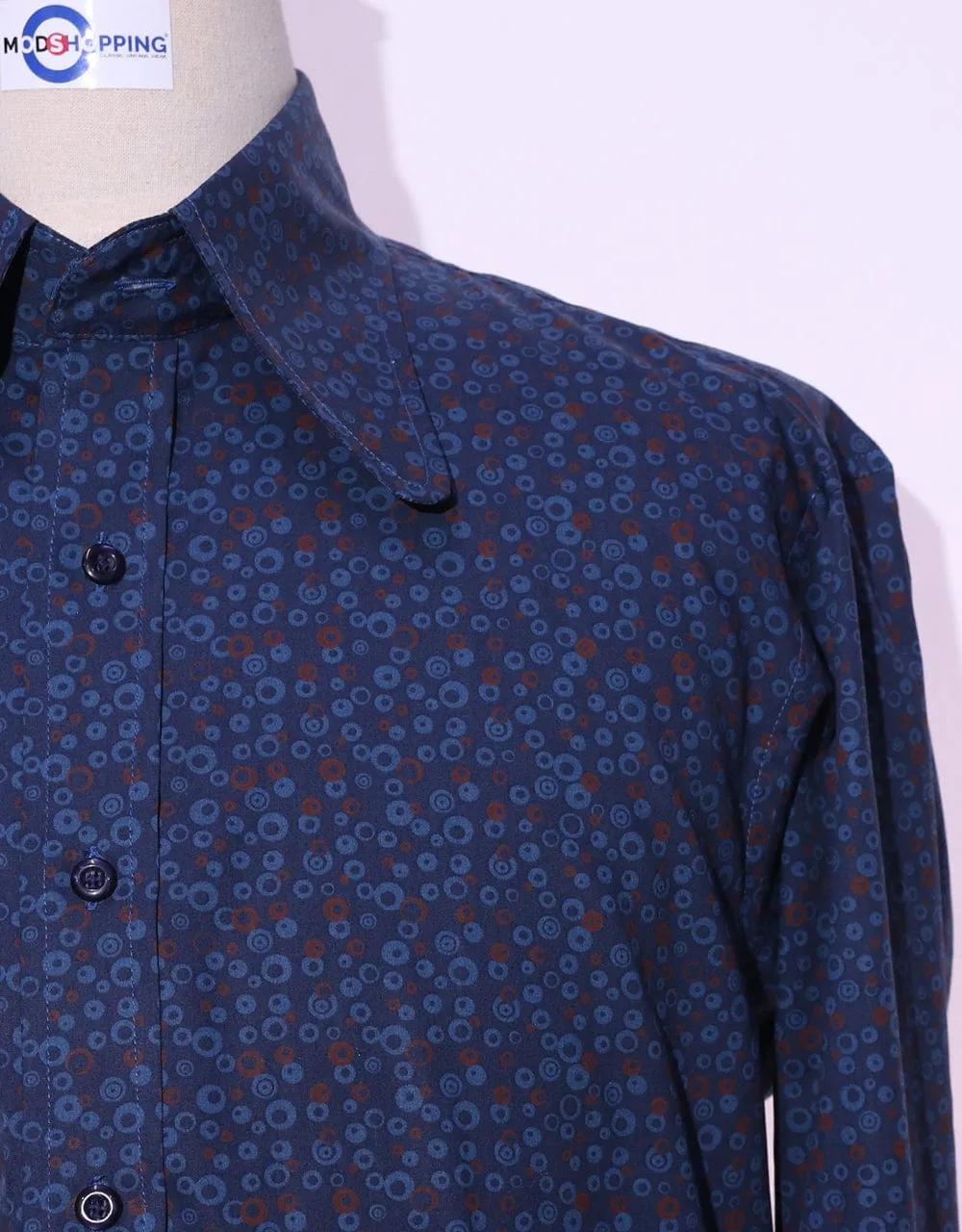 High Penny Collar Shirt | Navy Blue Circle Pattern Shirt