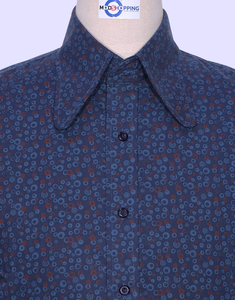 High Penny Collar Shirt | Navy Blue Circle Pattern Shirt