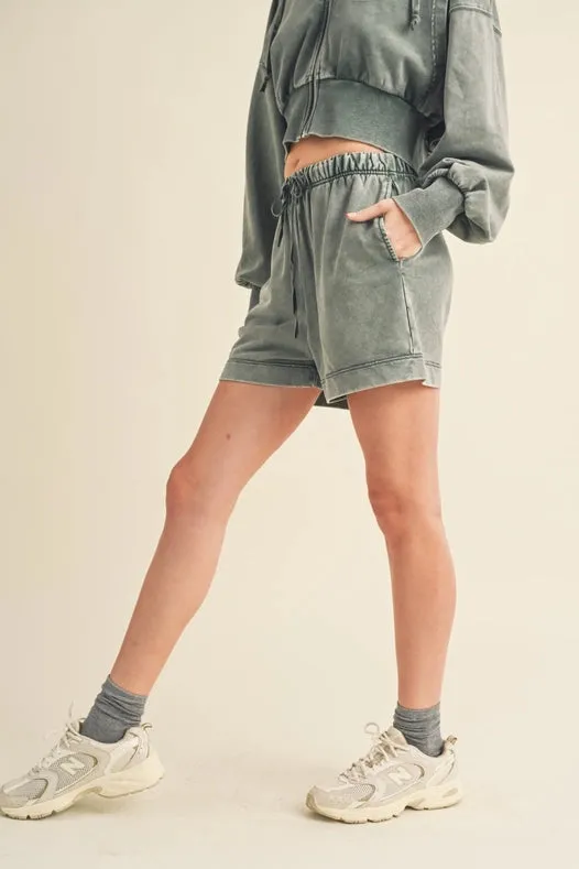 High Waisted Mineral Wash Shorts Sage