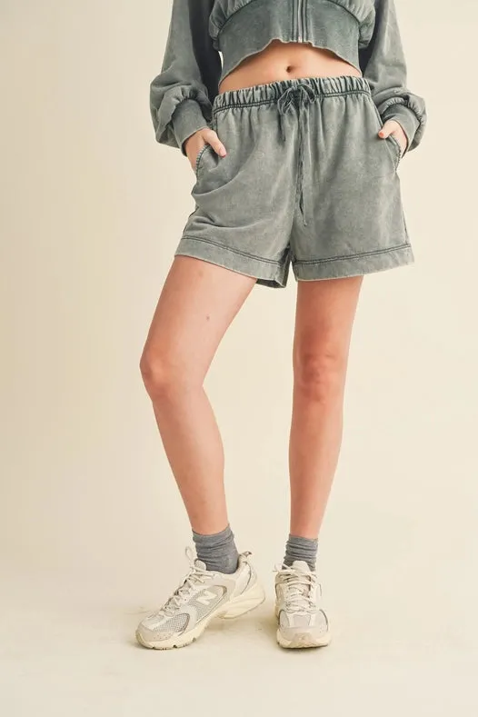 High Waisted Mineral Wash Shorts Sage